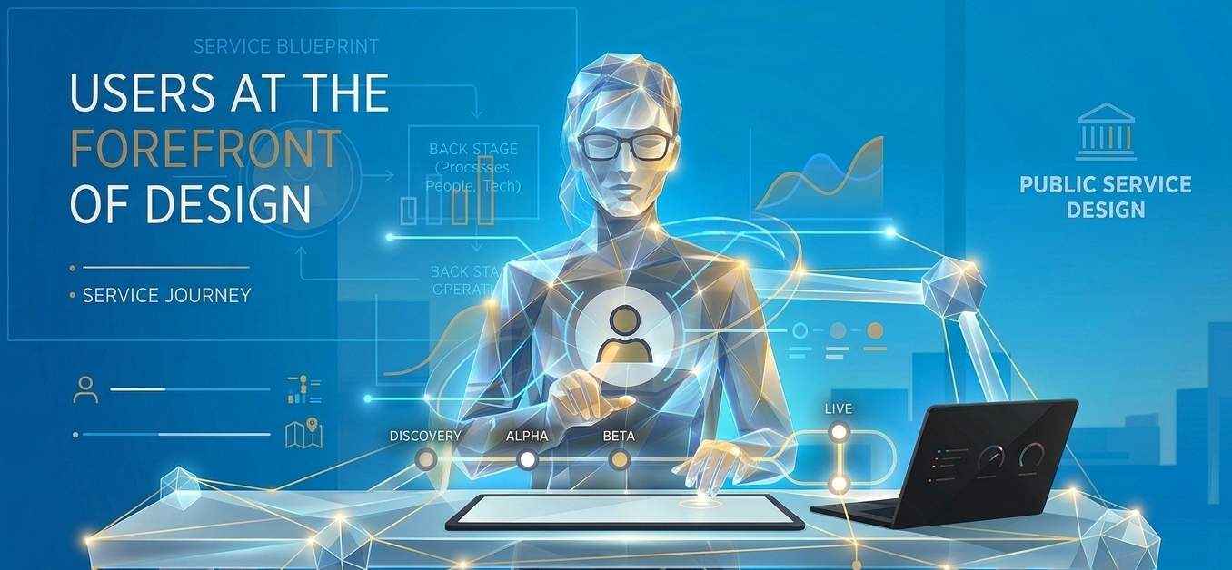 Woman at desk showing users at the forefront of design wording